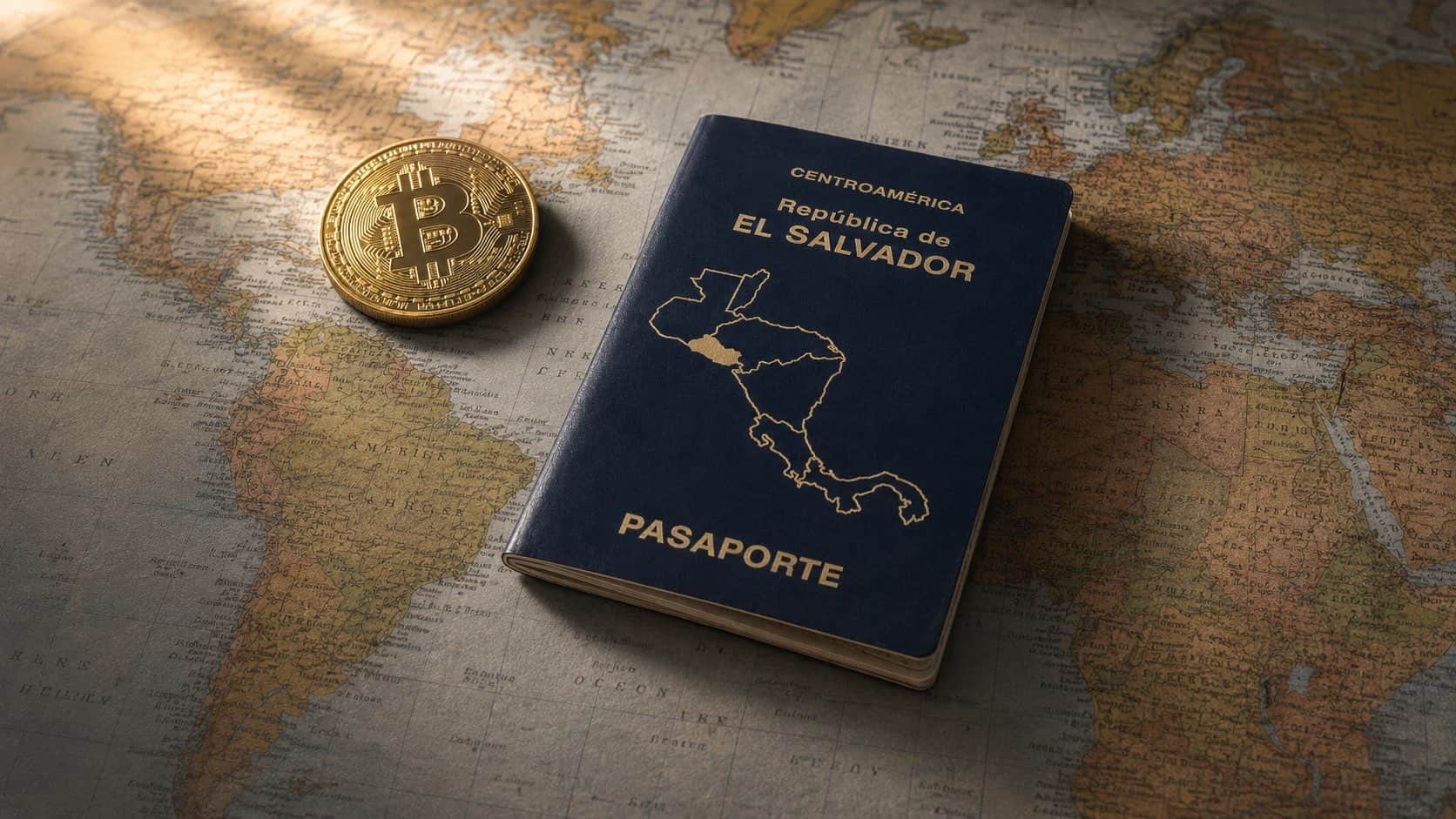 El Salvador passport on a world map next to a Bitcoin coin, marking the country's #1 position on the Bitcoin Passport Index 2026.
